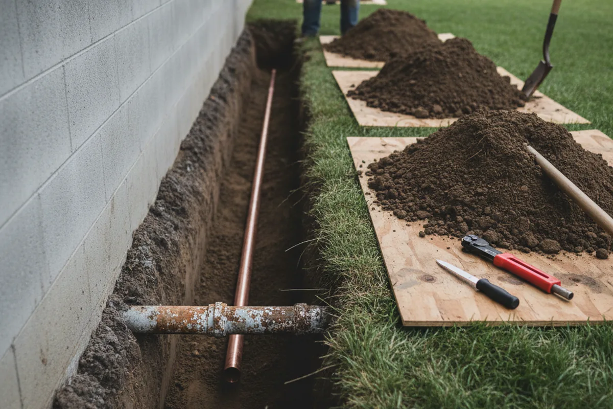 Excavated water line trench during Sewer Line Repair in Tappan